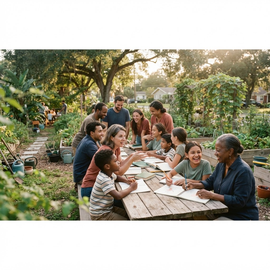 Community volunteers and students gathered together in a neighborhood garden